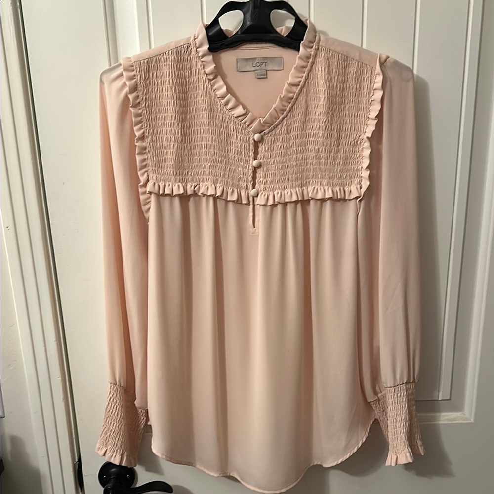 LOFT Pink Ruffled Blouse with Bib Collar